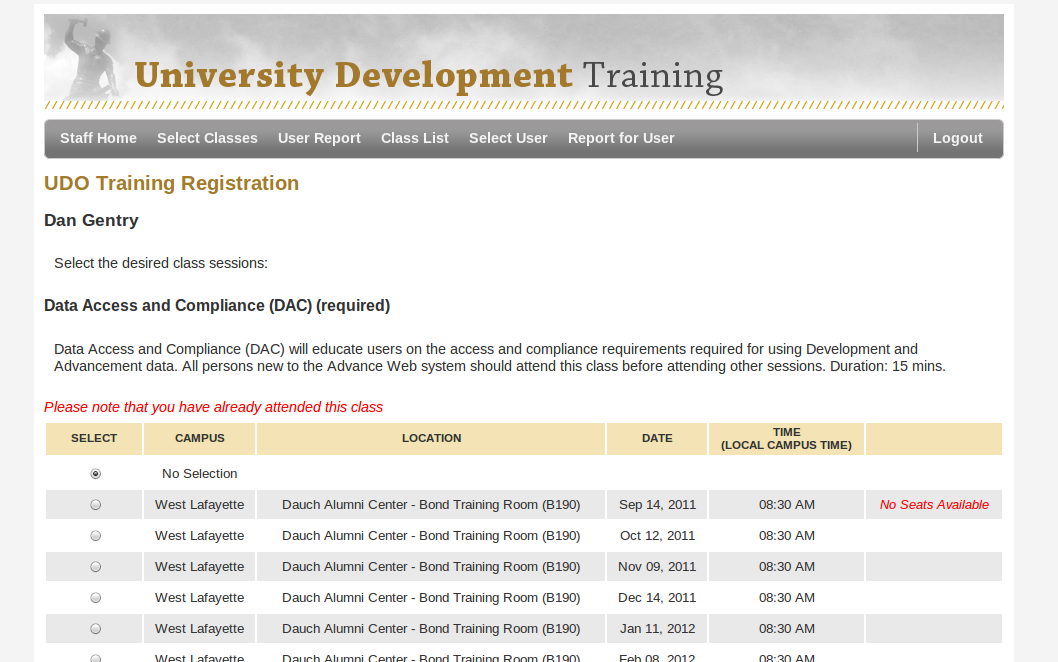 Training Registration Screen Shot